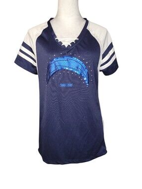 Majestic LA Chargers Women's Sequin Logo Lace-Up V-Neck Jersey Top Women's XL